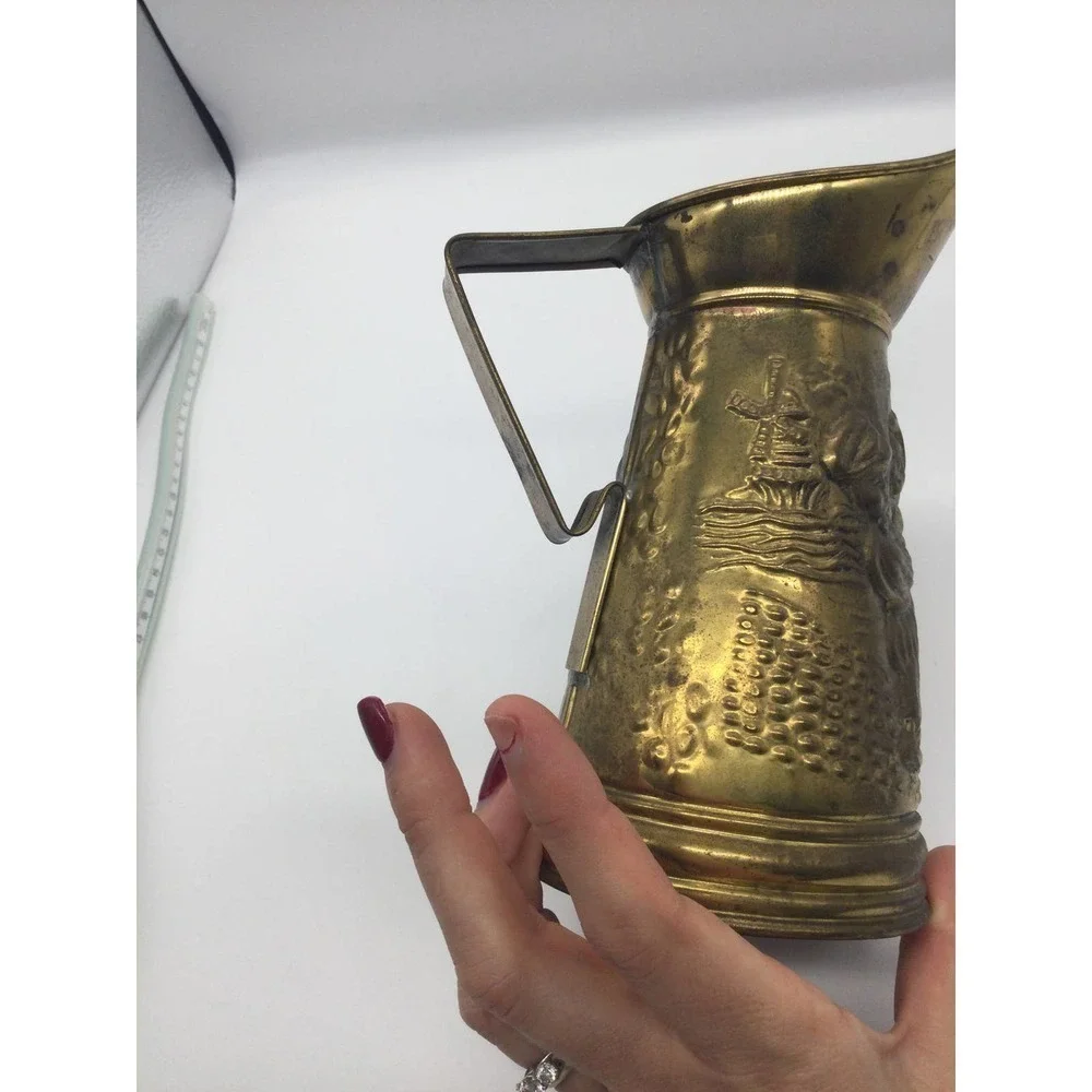 Vintage 8” brass pitcher windmill England dog‎ sailboat chicken street country